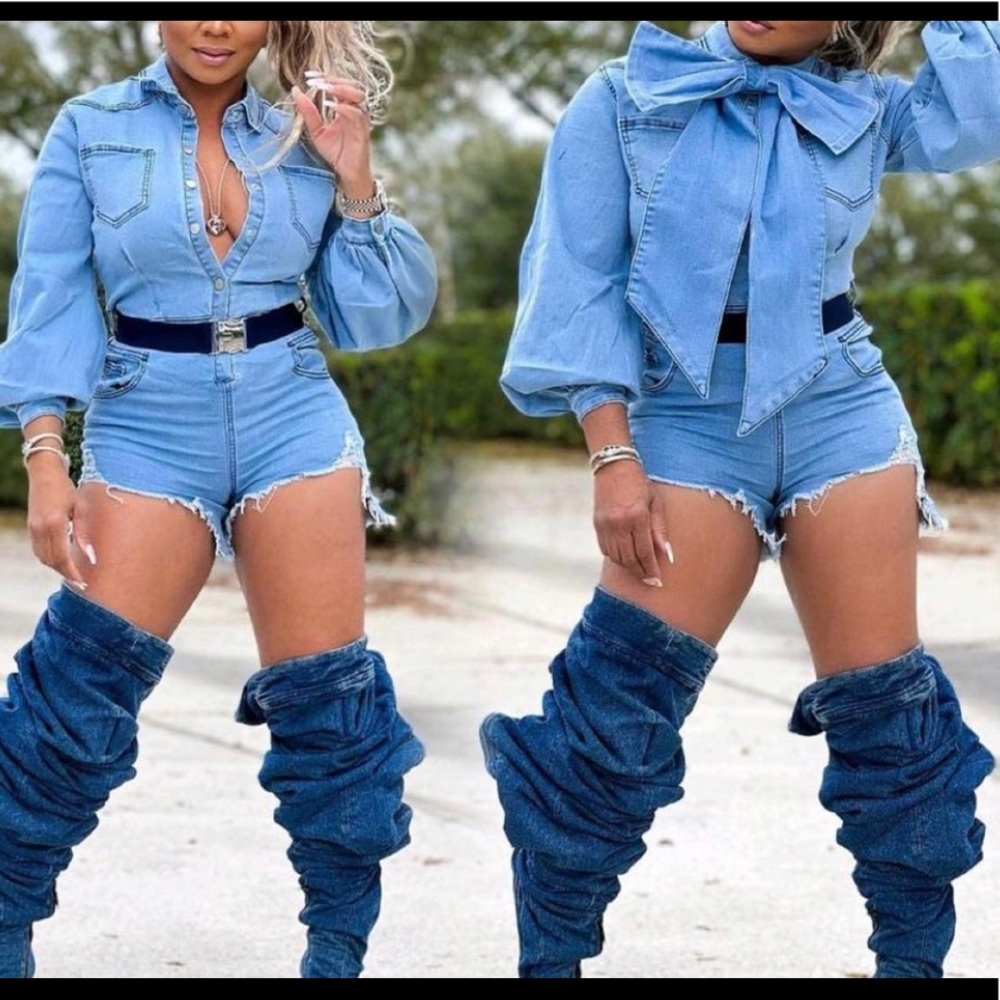 Denim romper with detachable bow